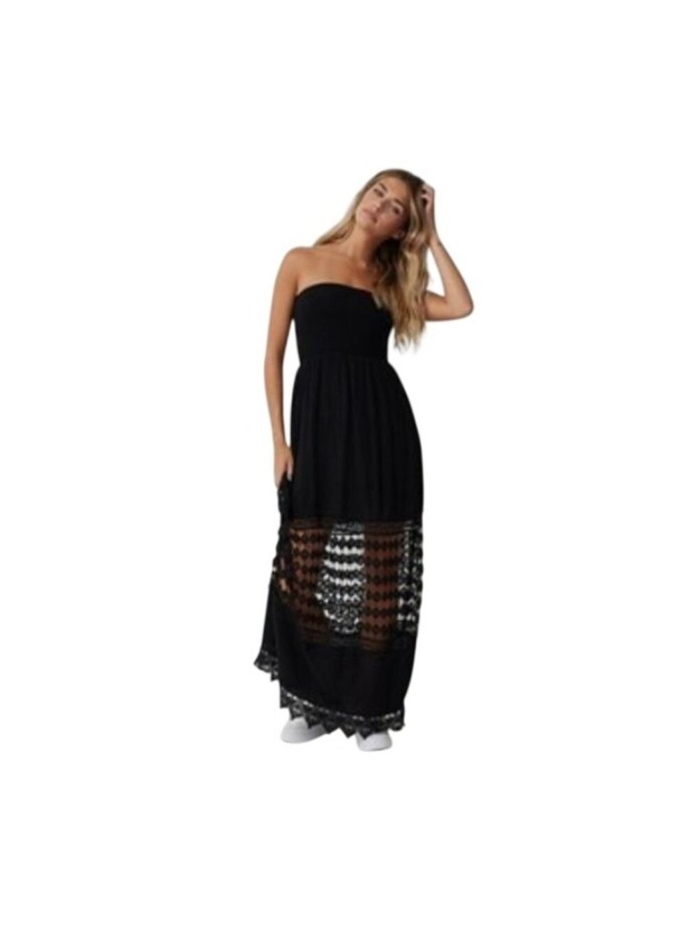 Justify Black Strapless Smocked Crocheted Maxi Dress Size L Sexy Summer Wedding - Picture 9 of 10